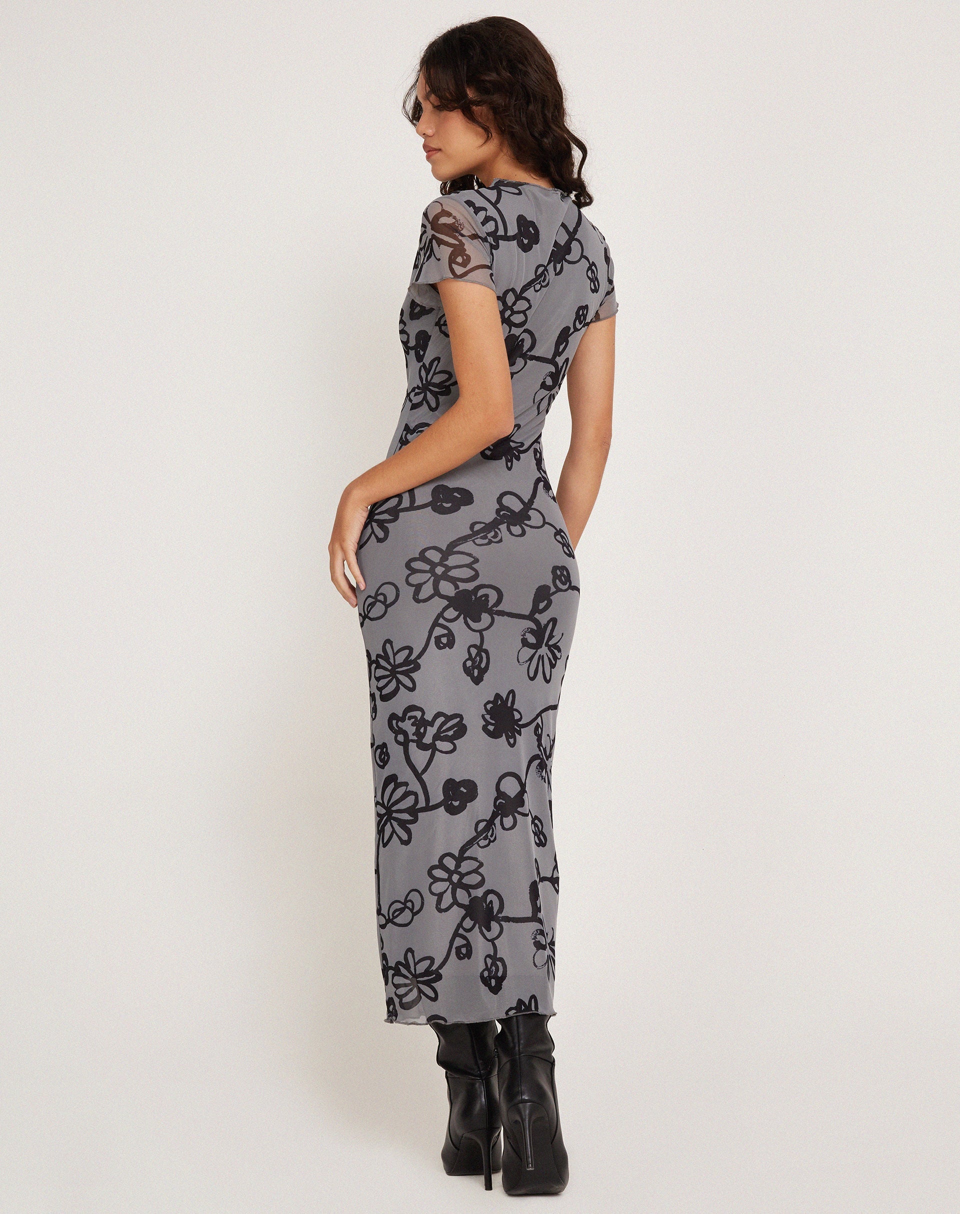 Imagen de Maruza Vestido Midi en Malla Flor de Garabato Gris
