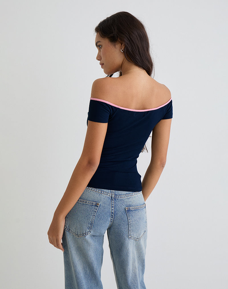 Imagen Mayomi Top sin hombros en azul marino con ribete rosa