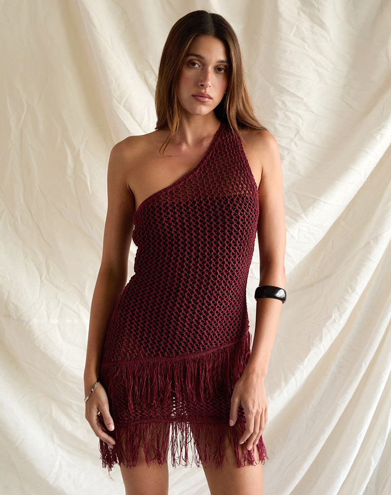 Mini Vestido Meloka Asimétrico con Flecos en Berry