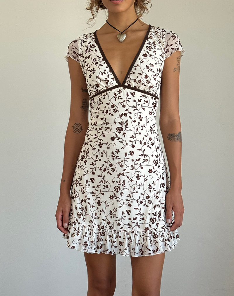 Imagen del minivestido Melva en flocado de flores de tallo marrón