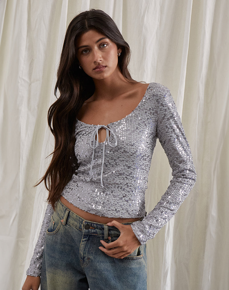 Meraga Tie Front Top de lentejuelas plateadas