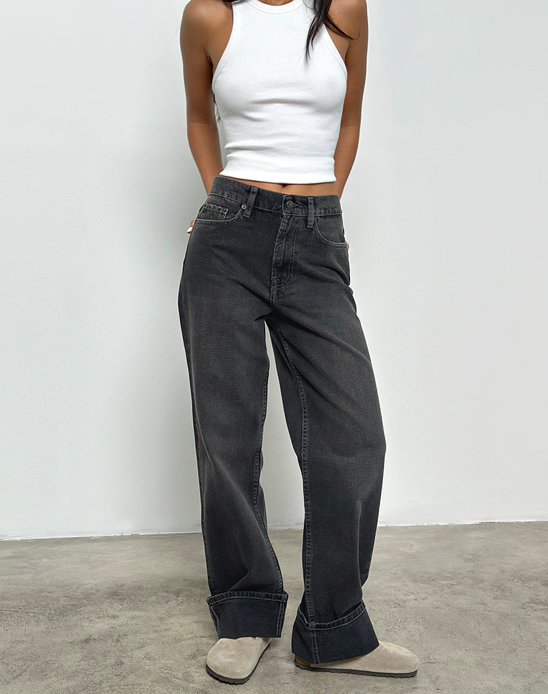 Imagen de Mid Rise Turn Up Straight Jeans in Washed Black Grey