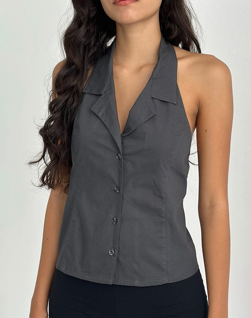 Mikanu Blusa Abotonada Cuello Haltern en Gris Carbón