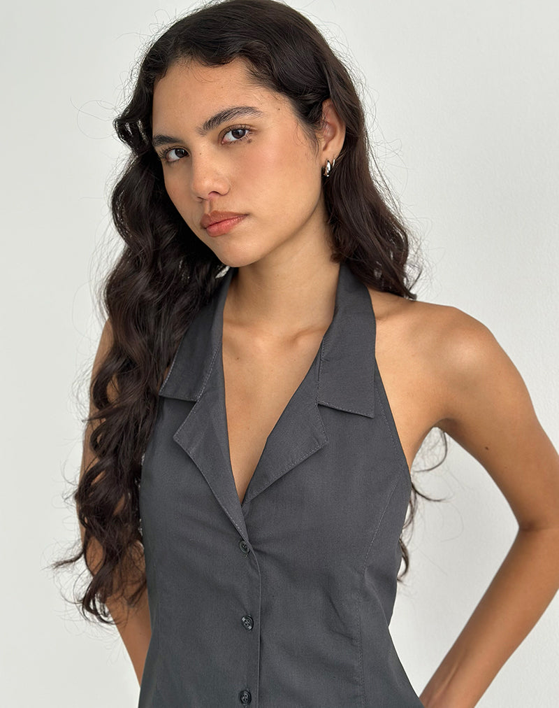 Imagen de Mikanu Blusa Abotonada Cuello Haltern en Gris Carbón