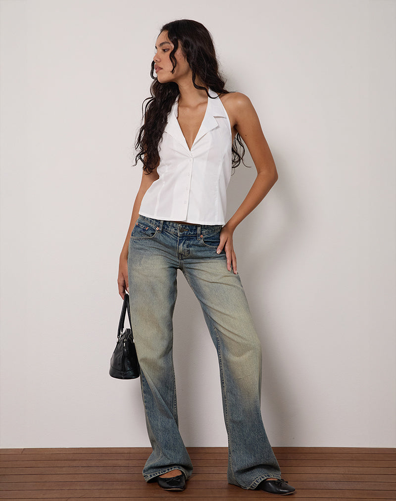 Imagen de Mikanu Blusa abotonada con cuello haltern en popelina blanca