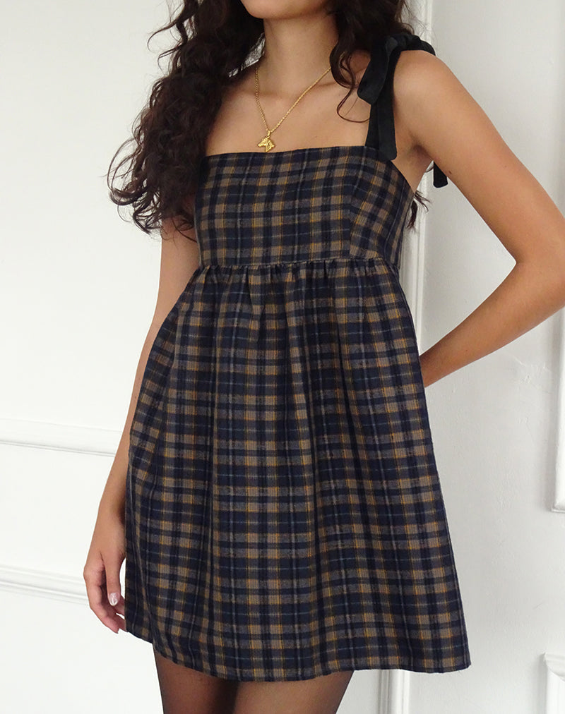 Imagen de Mikayla Minivestido de cuello cuadrado a cuadros azul marino y mostaza