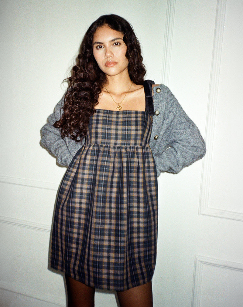 Imagen de Mikayla Minivestido de cuello cuadrado a cuadros azul marino y mostaza