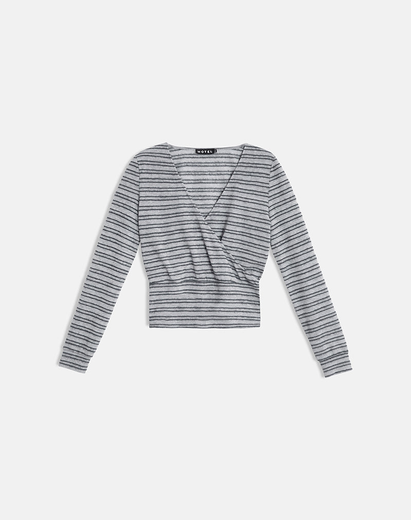 Imagen del top cruzado Milzie en punto a rayas horizontales gris y negro.