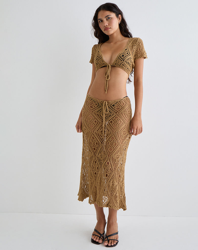 Imagen de Mirea Grown On Sleeve Shurg Top in Crochet Camel