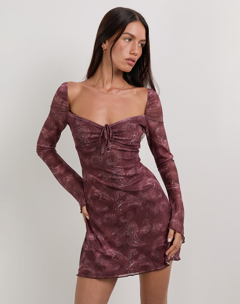 Imagen de Modena Mini Vestido de Manga Larga en Paisley Tonal Ciruela