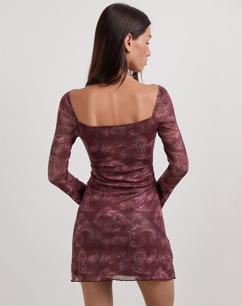 Imagen de Modena Mini Vestido de Manga Larga en Paisley Tonal Ciruela