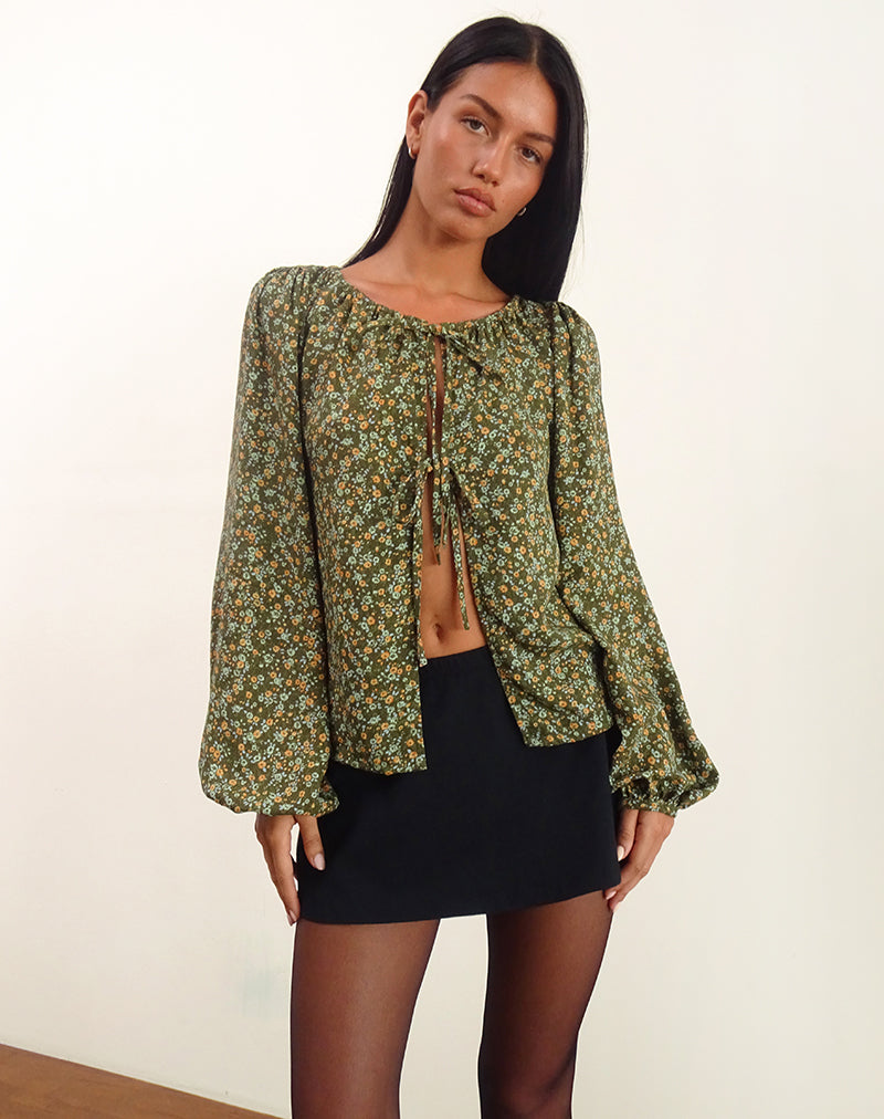 Modeta Tie Top en Grunge Floral Caqui