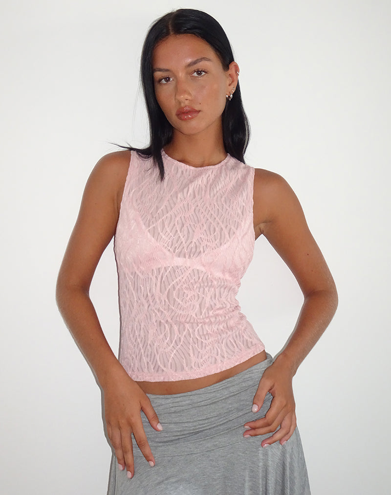 Top de malla texturizada Monelo en rosa transparente