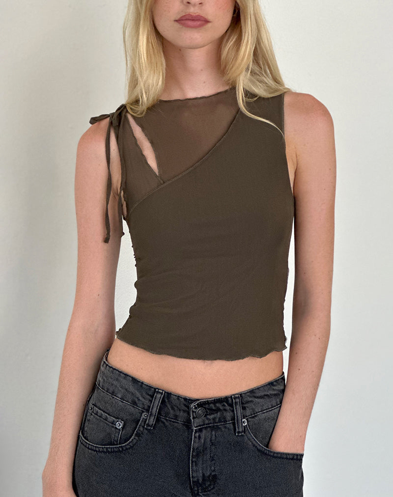 Camiseta de tirantes Moni Tie en malla caqui