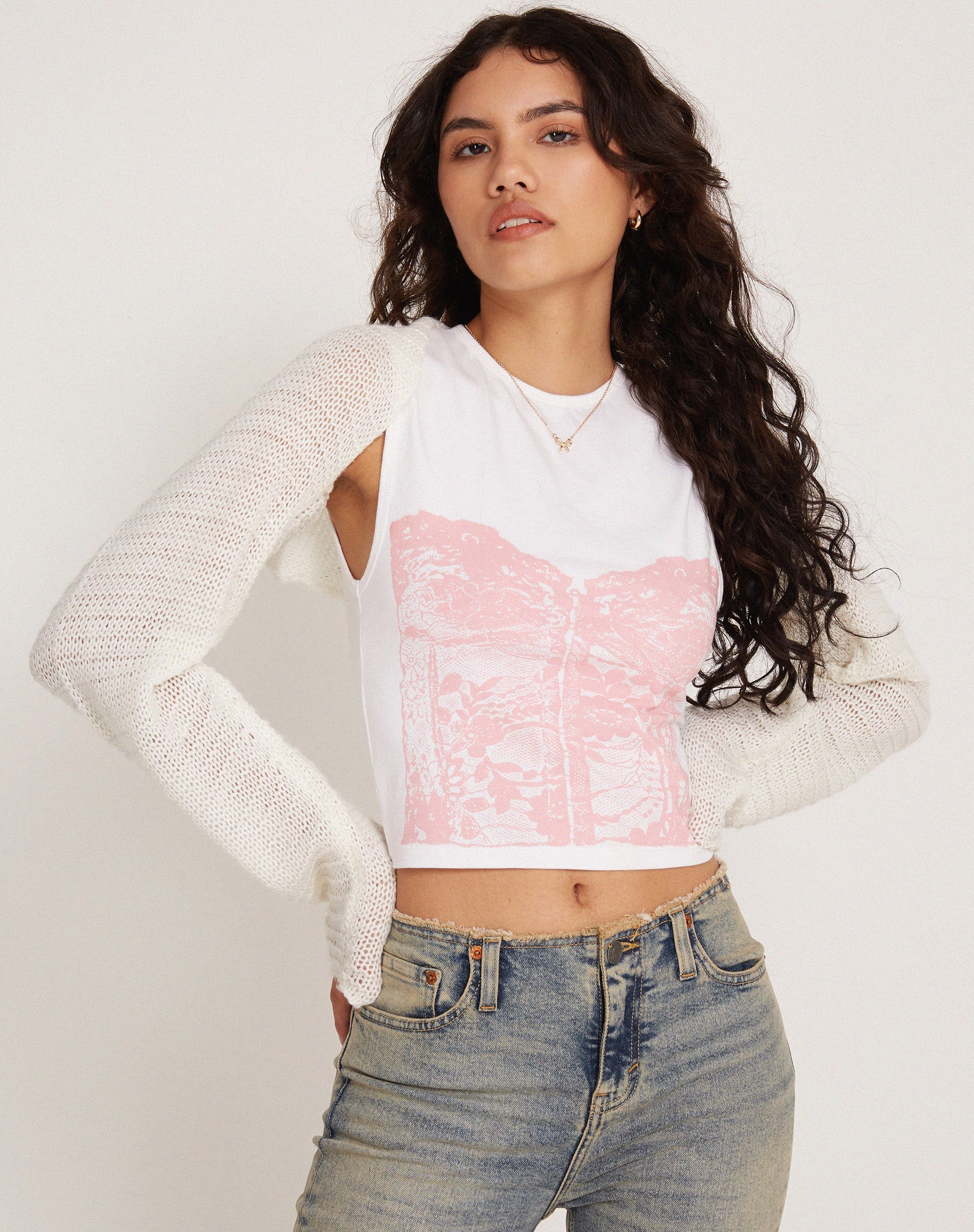 Imagen de Monlo Vest Top in White Pink Corset Print