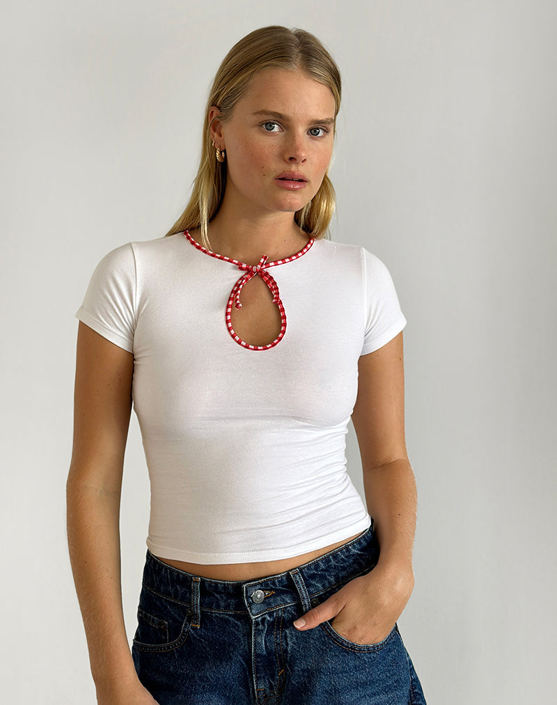 Imagen de Monsel Tie Front Top in White with Red Gingham Binding