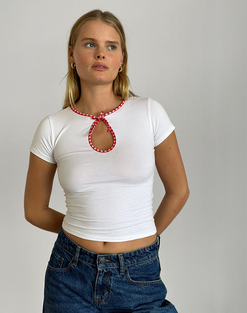 Imagen de Monsel Tie Front Top in White with Red Gingham Binding