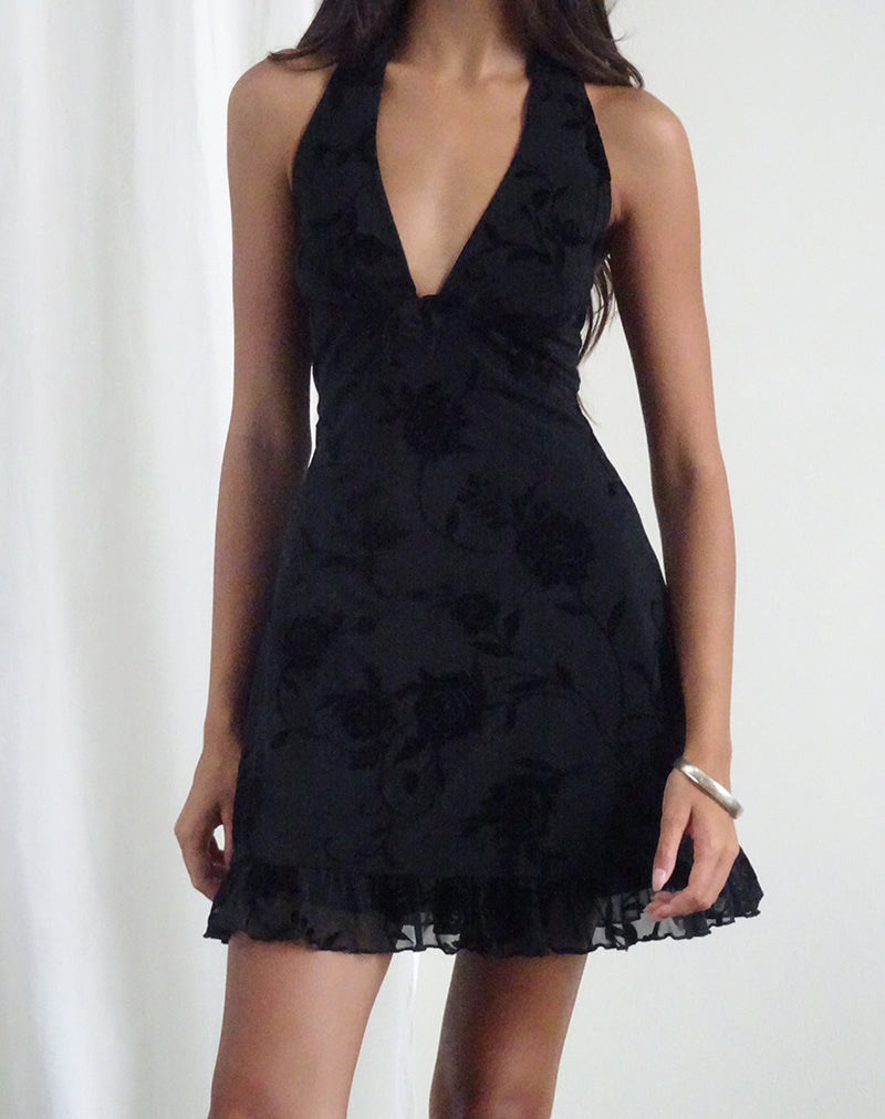 Imagen de Motya Mini Vestido Cuello Haltern en Rosa Floral Flocked Negro