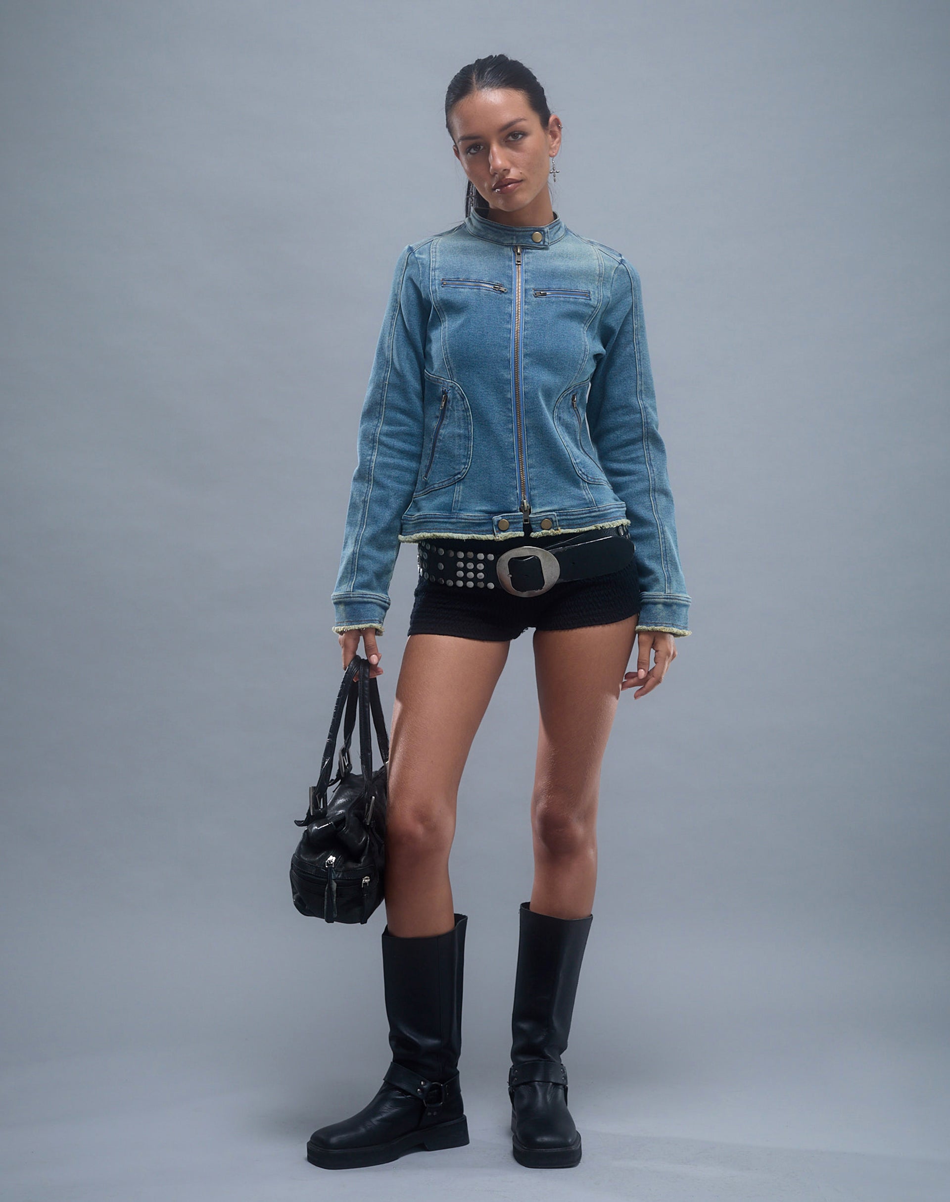 Imagen de Zayn Chaqueta biker entallada en denim azul vintage
