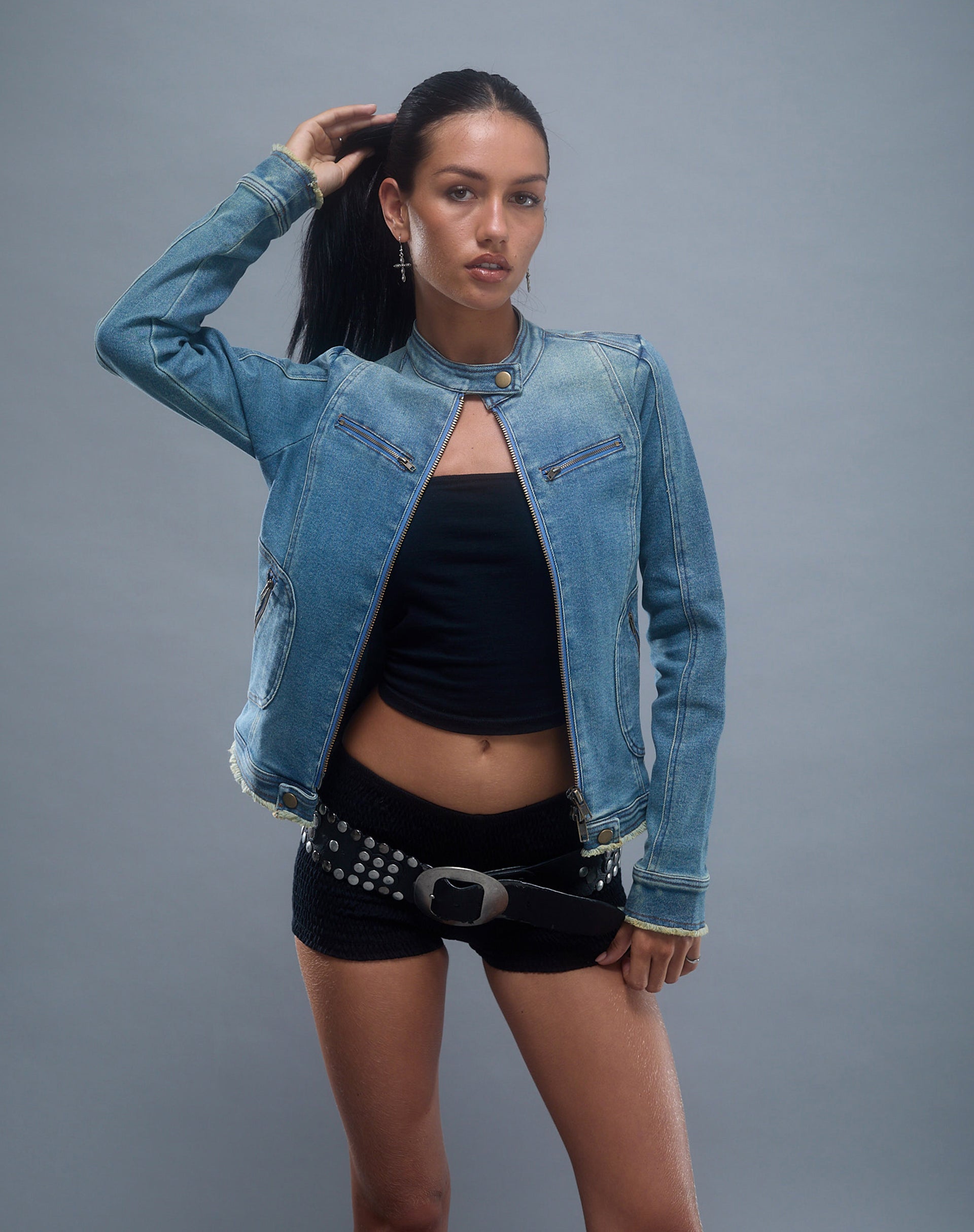Imagen de Zayn Chaqueta biker entallada en denim azul vintage