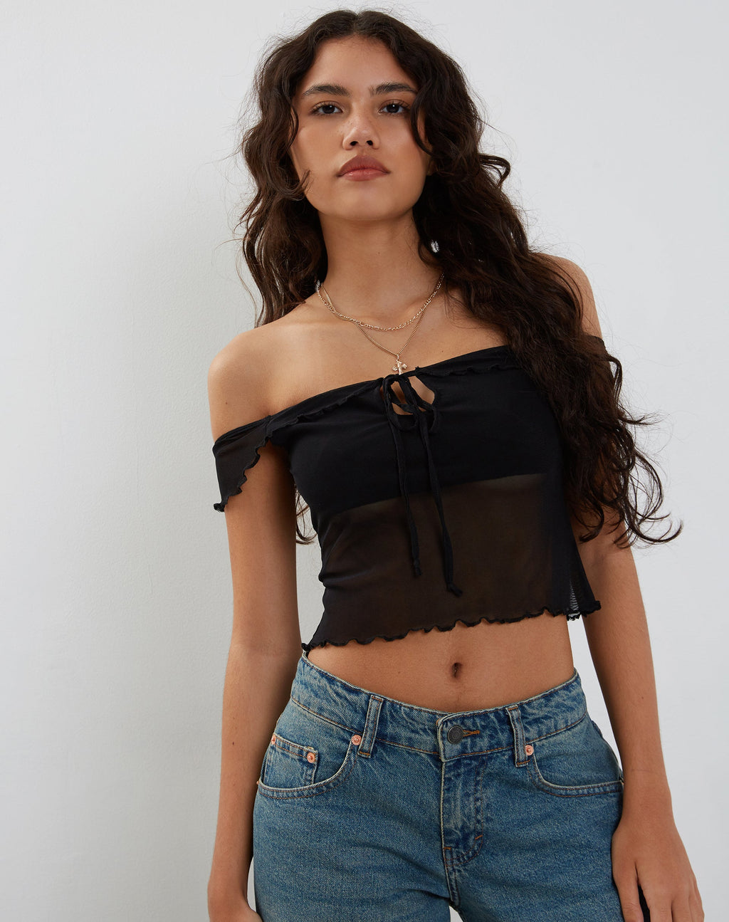 Nabil Bardot Top de Malla Negro