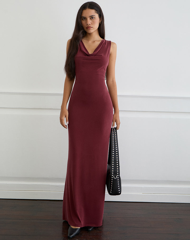 Namra Maxi Vestido con Cuello de Vaca en Cupro Borgoña