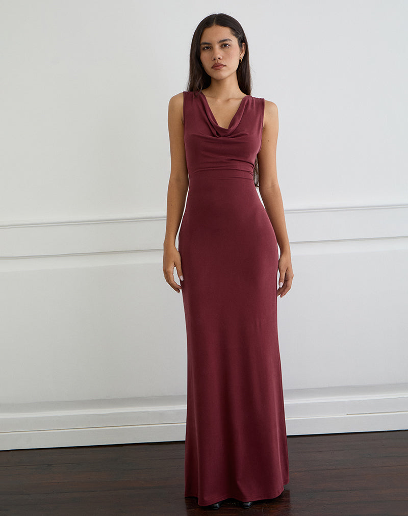 Imagen de Namra Maxi Vestido con Cuello de Vaca en Cupro Borgoña