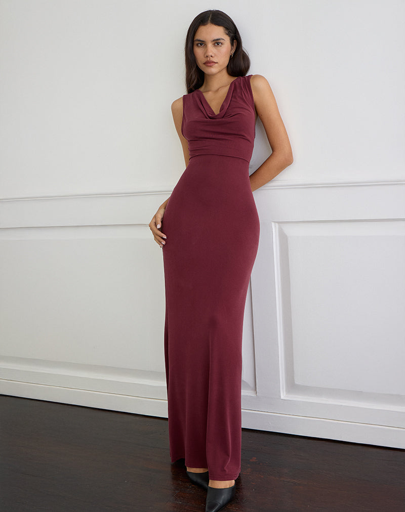 Namra Maxi Vestido con Cuello de Vaca en Cupro Borgoña