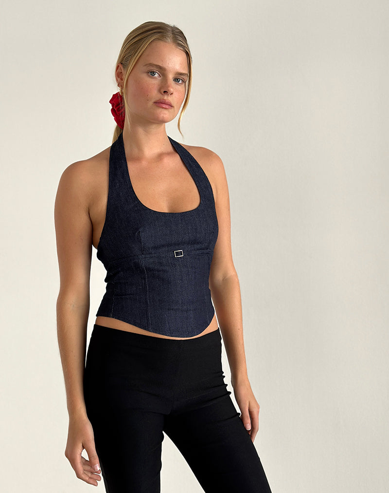Imagen de Nasya Top de cuello redondo en Chambray Indigo