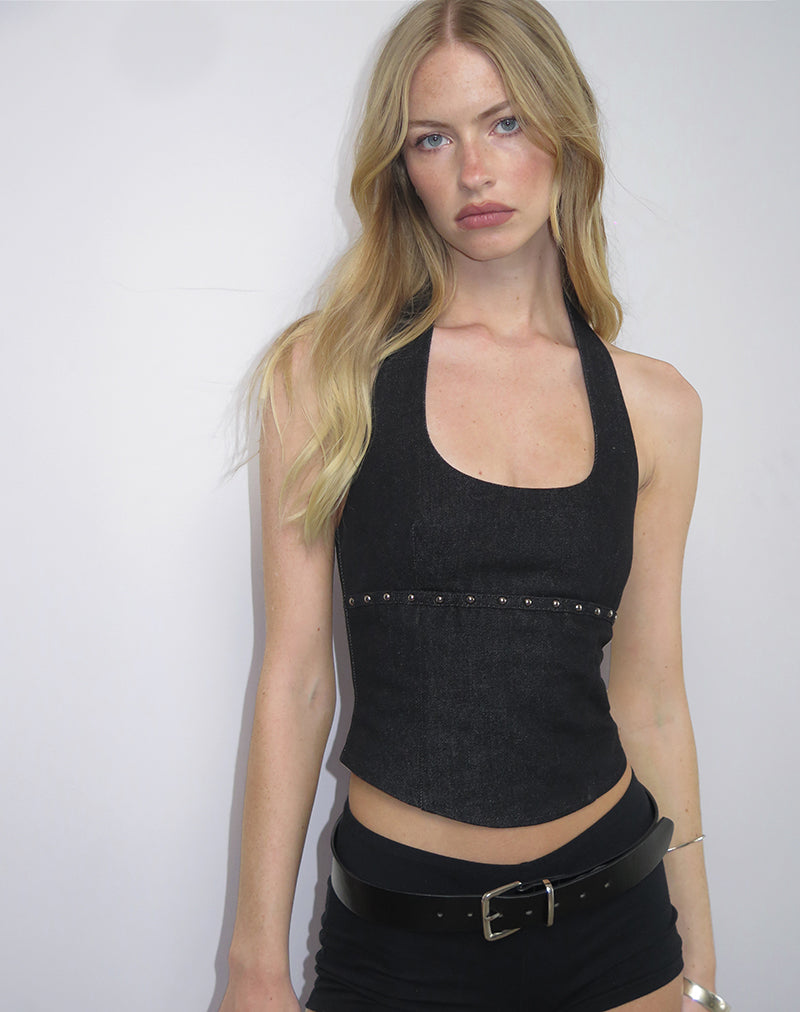 Nasya Top sin mangas de chambray con tachuelas Negro