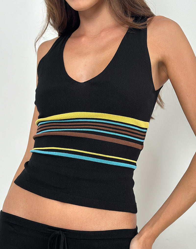 Chaleco Natcha en negro con rayas marrones y azules