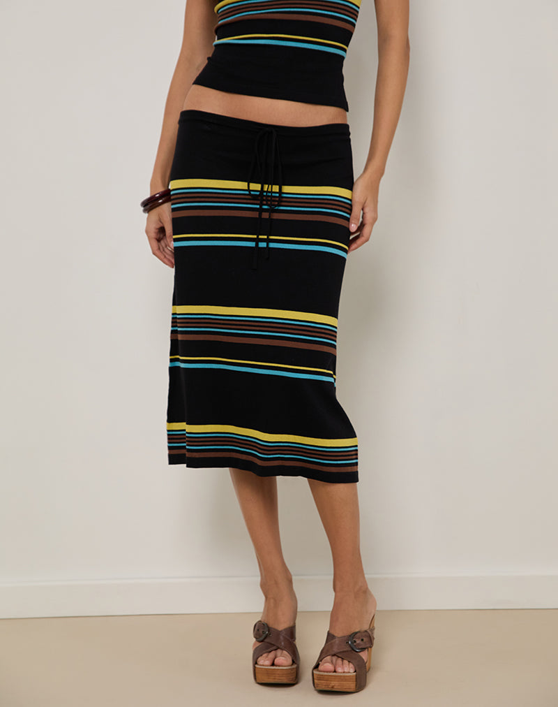 Falda midi Amalia negra con rayas marrones y azules