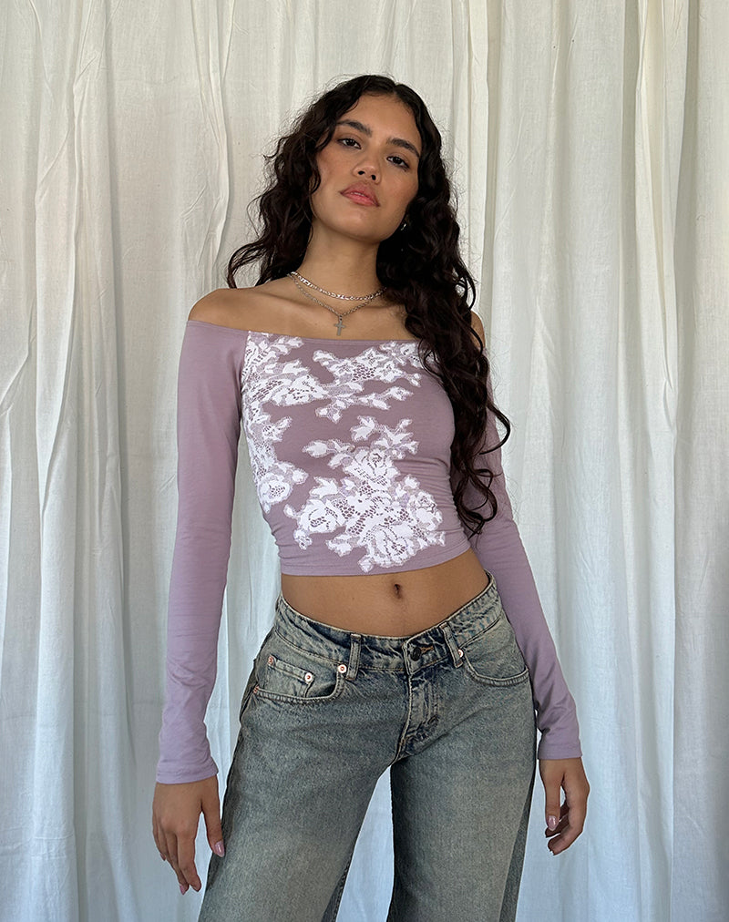 Nauby Top Bardot de Manga Larga de Encaje Floral Malva Claro