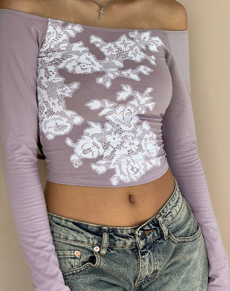 Nauby Top Bardot de Manga Larga de Encaje Floral Malva Claro
