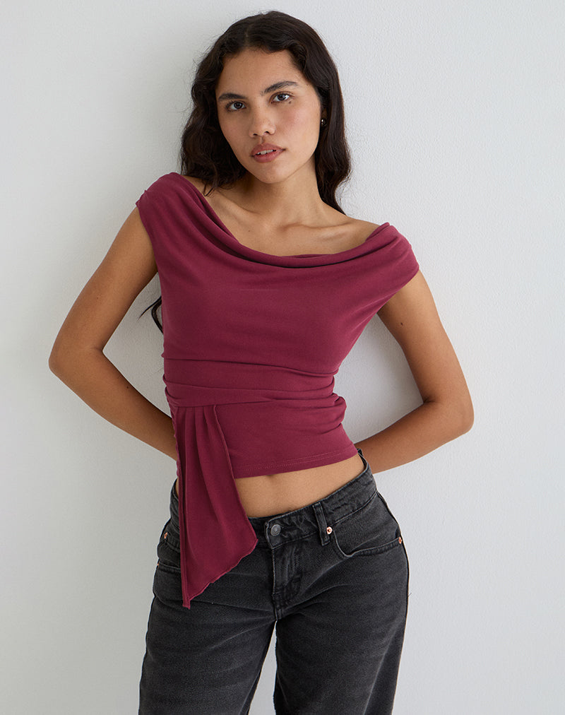 Top drapeado Neida en cupro burdeos