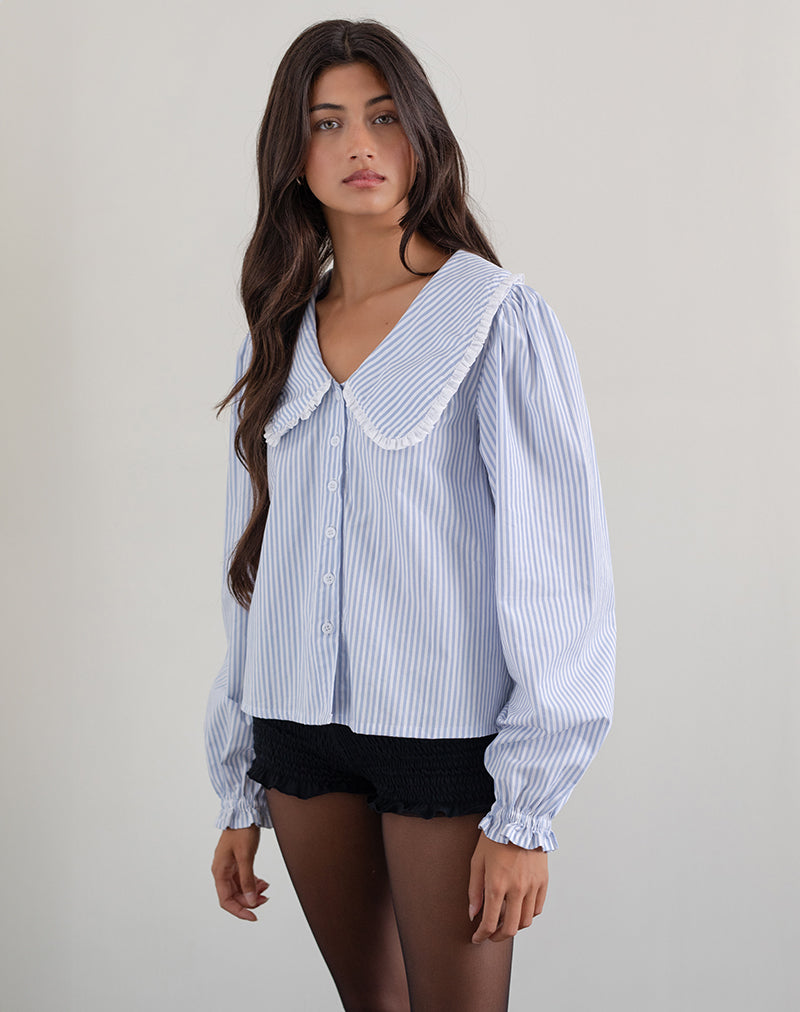 Camisa con Cuello Nelcy Oversized en Azul Pequeño a Rayas Verticales