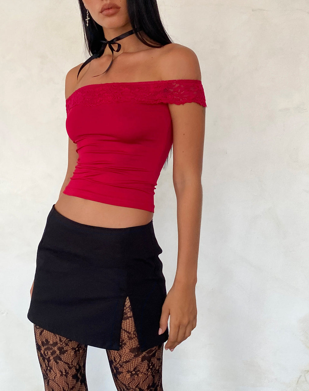 Nesel Bardot Top de Encaje Rojo