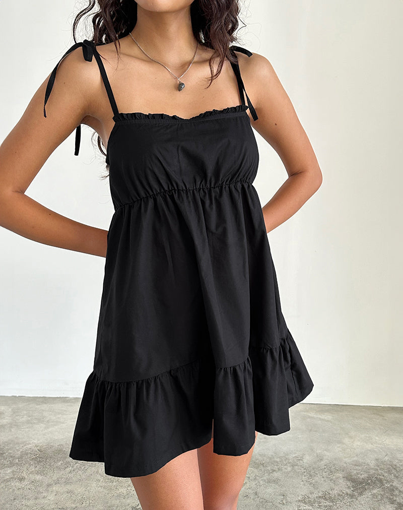 Nigta Tie Front Mini Dress in Poplin Negro