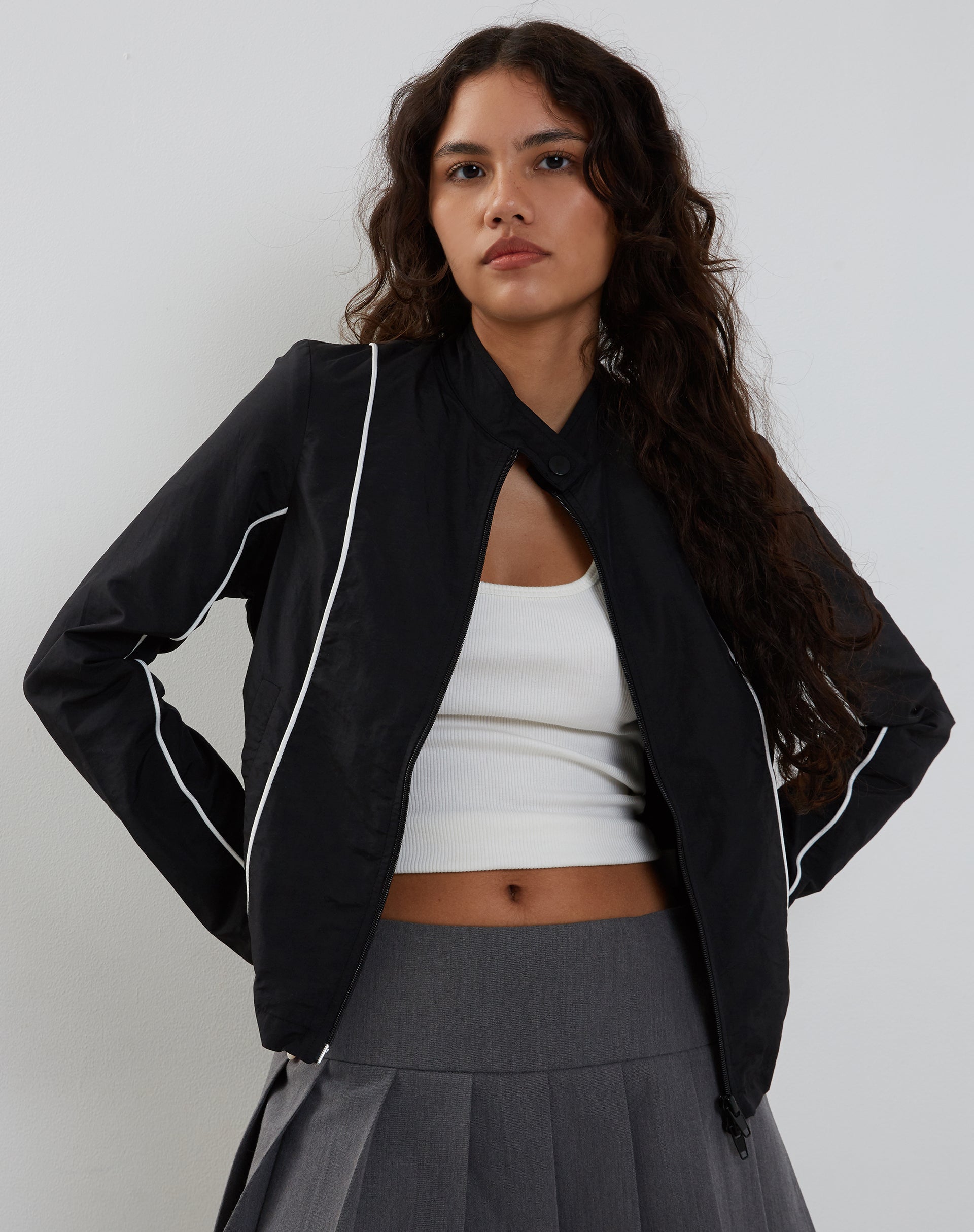 Imagen de Nila Zip Up Biker Jacket in Black Nylon
