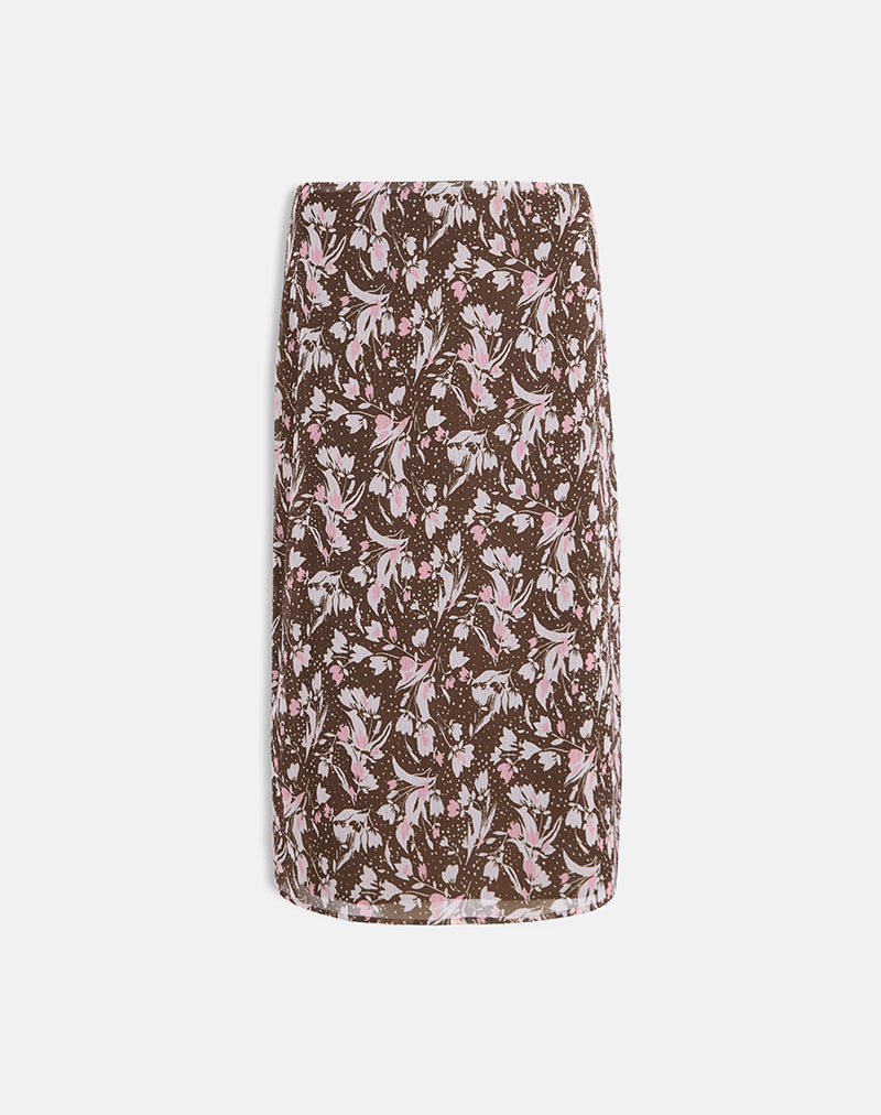 Imagen de Nimas Falda midi de gasa marrón y rosa con flores de polca
