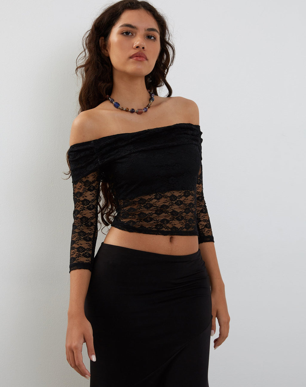 Nixie Top Bardot de Manga Larga de Encaje Negro