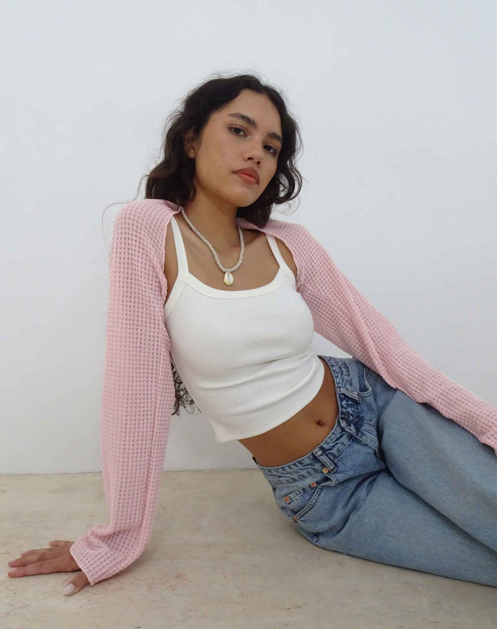 Nobila Shrug Top de ganchillo salmón texturizado