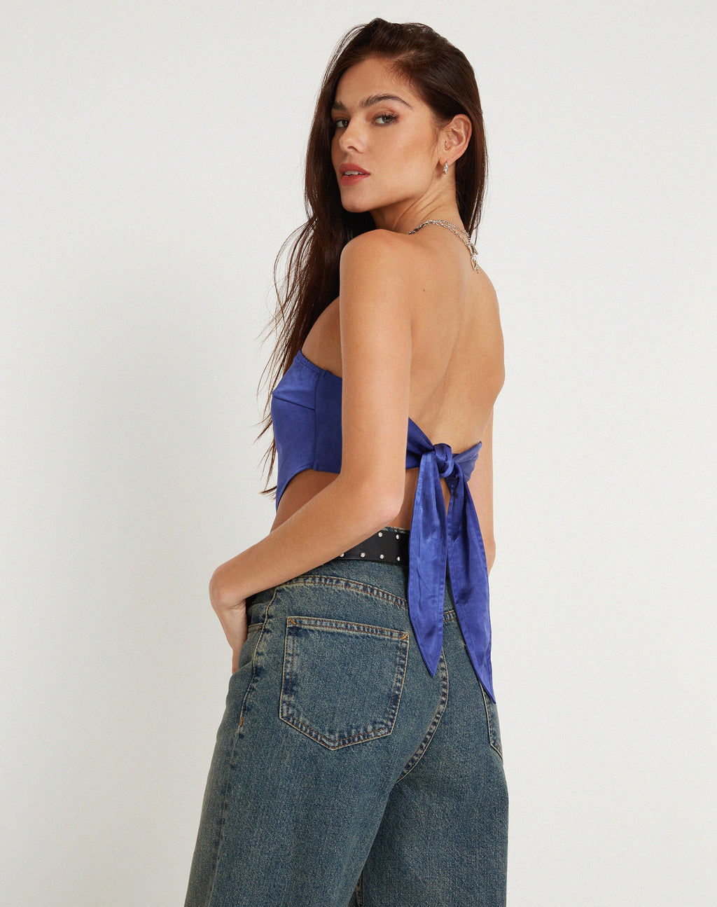 Nolda Bandeau Crop Top en satén Spectrum Azul
