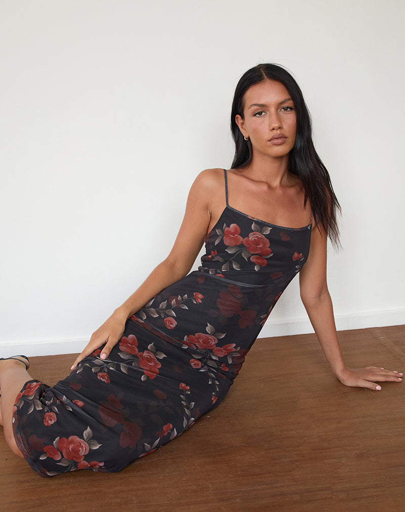 Vestido Midi Nori Rosa Acuarela Negro