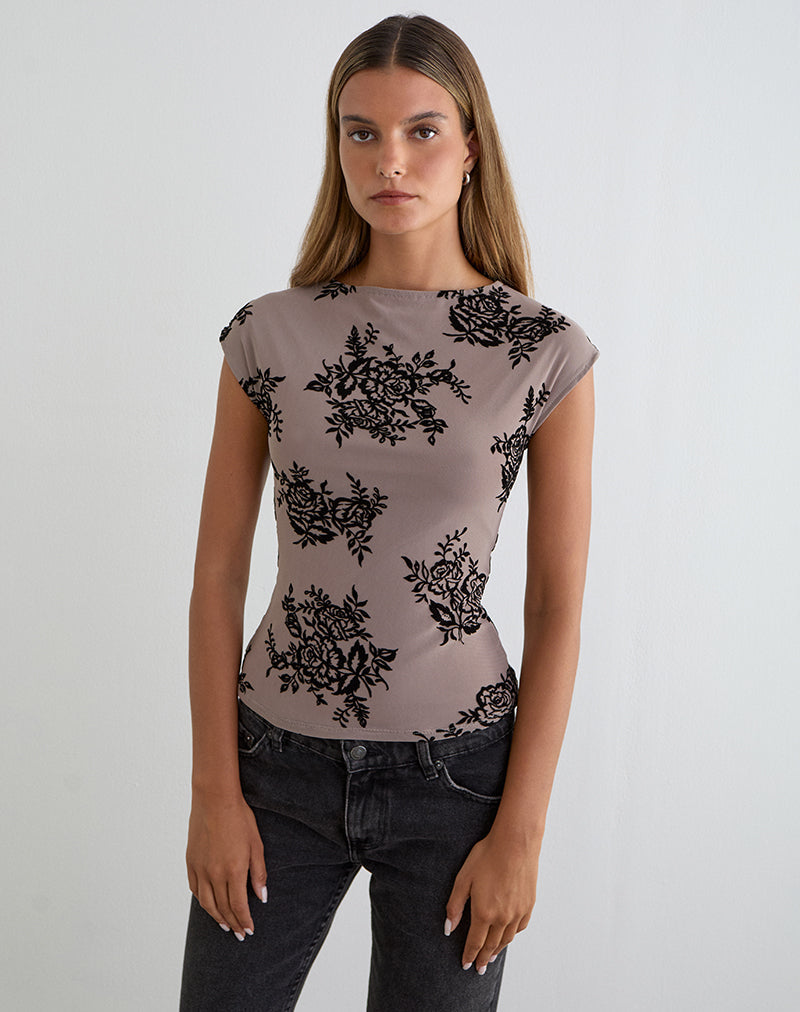 Imagen de Nova Top en gris topo con estampado floral llamativo