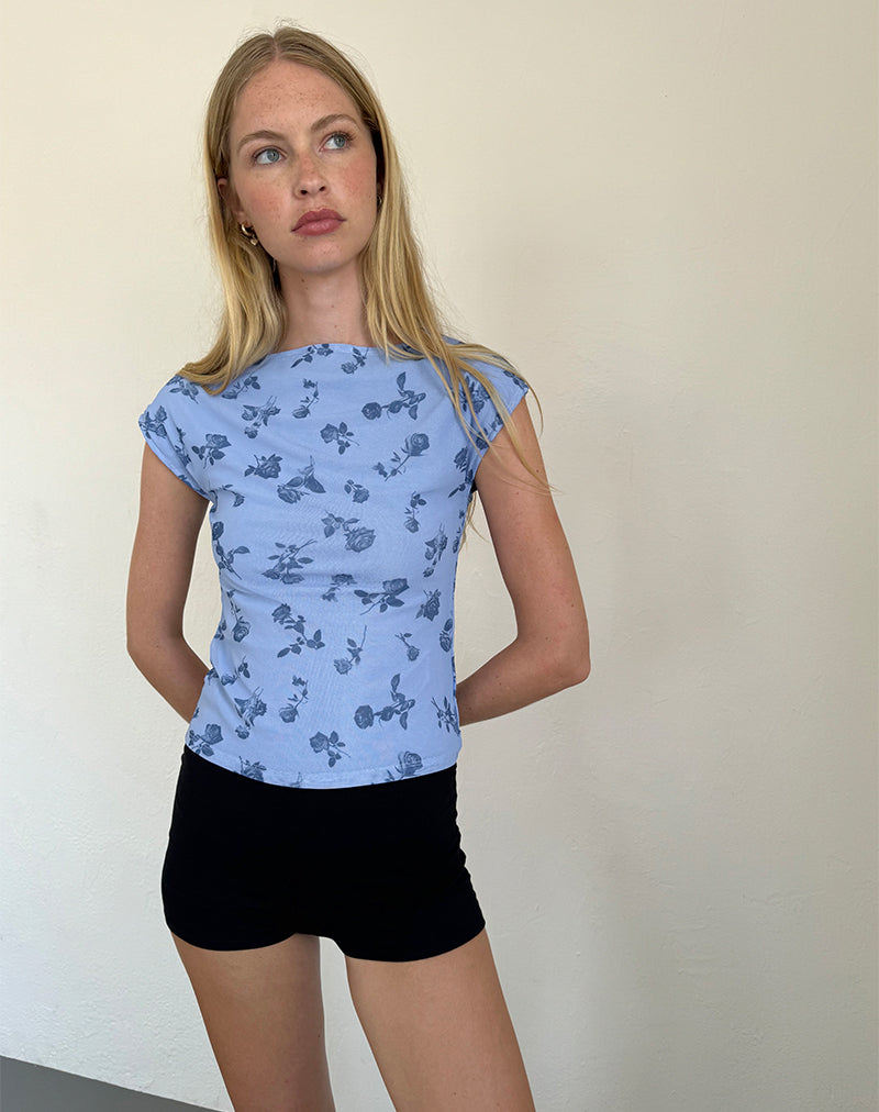 Top Nova de malla floral azul tinta