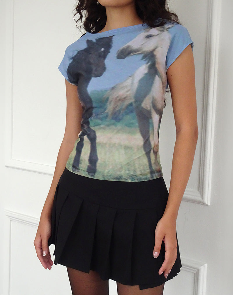 Top Nova con estampado de caballos en malla azul