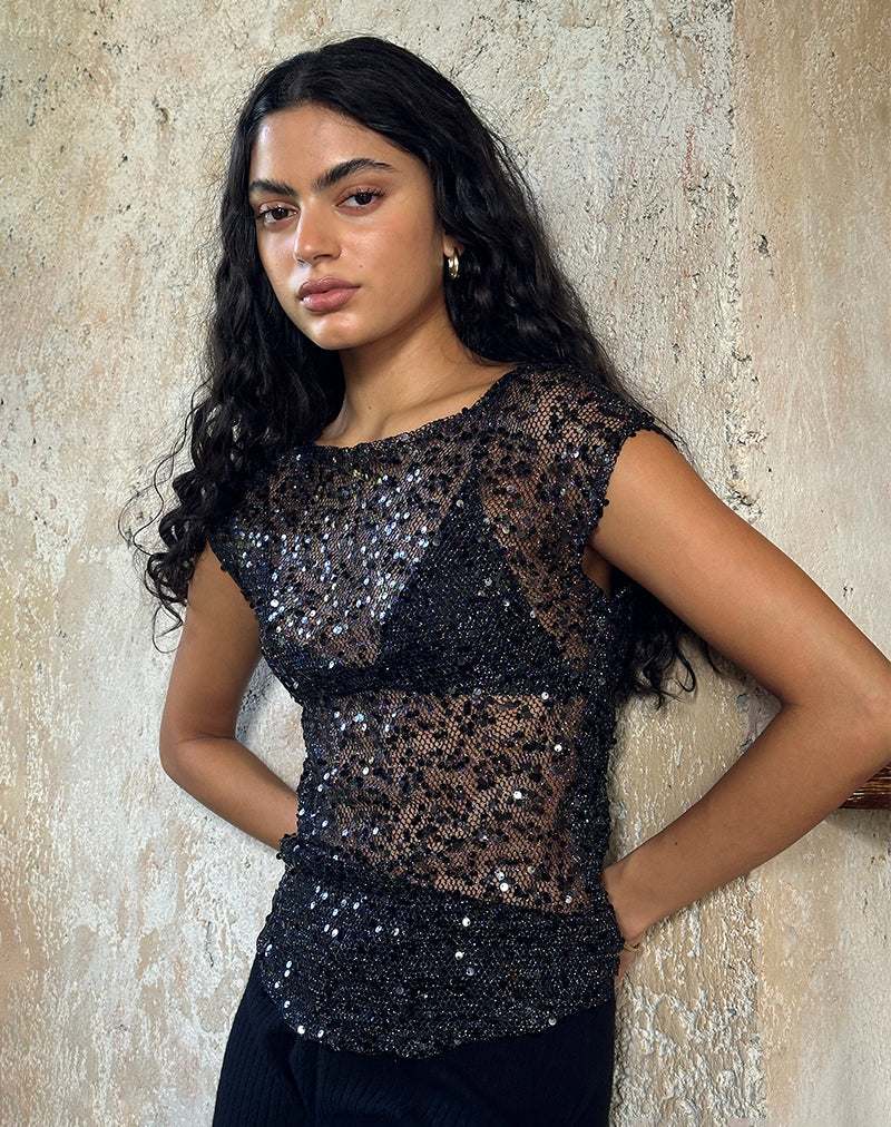 Nova Top de malla con lentejuelas Negro