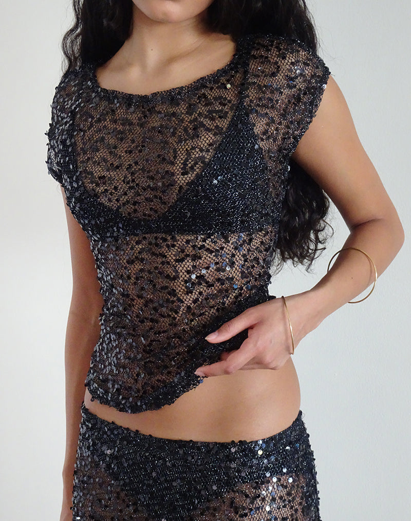 Nova Top de malla con lentejuelas Negro