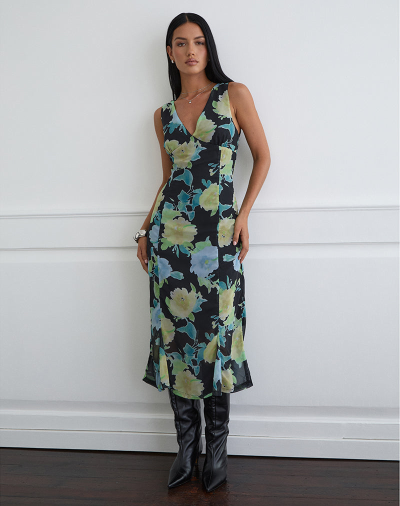 Imagen del vestido midi Olydia en gasa negra con estampado de flores de cristal.